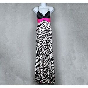 VTG‎ Cache Dress Womens 2 White Pink Zebra Maxi Silk Babydoll Evening Gown Y2K